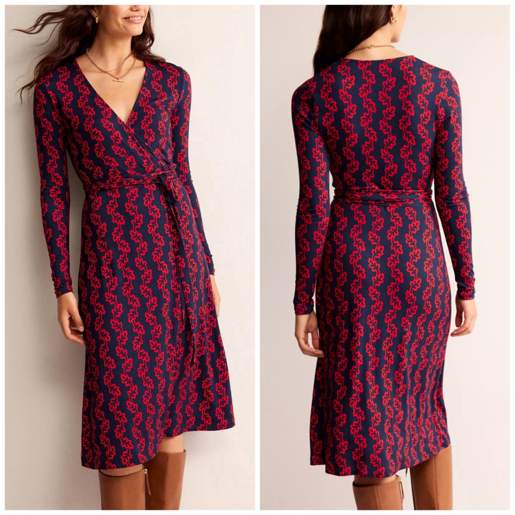 Boden Nina Long Sleeve V-Neck Jersey Midi Dress Navy Red Size 10r